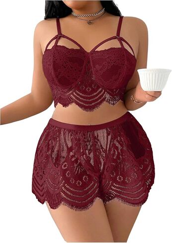 SHENHE Women's Plus Size Lace Pajama Set 2 Piece Cut Out Scallop Trim Cami and Shorts Bridal Wedding Sleepwear in Saudi Arabia