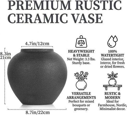 Rustic Ceramic Vase, 8.3" Black Farmhouse Tall Vase, Vintage Vases, Modern Terracotta Decor Vases for Home Decor, Living Room, Entryway, Table Centerpieces, Shelf, Kitchen, Housewarming Gifts in Saudi Arabia