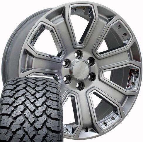 OE Wheels CV93B 22 Inch Rims and Tires Fit Silverado 1500 Style 6x139.7 22x9 Gloss Hyper Black with Chrome Insert - Hollander 5660 - TS-37 AT 285/45-22 (Set of 4) in Saudi Arabia