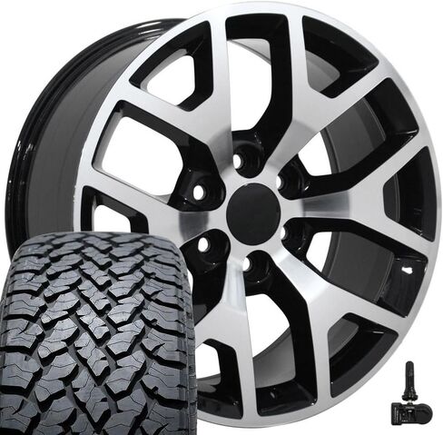 إطارات وإطارات OE Wheels CV92 مقاس 22 بوصة تناسب طراز Sierra 1500 على شكل قرص العسل 6x139.7 22x9 مصنعة باللون الأسود اللامع - هولاندر 5656 - TS-37 AT 285/45-22 (مجموعة من 4) in Saudi Arabia