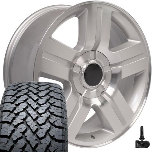 OE Wheels CV84 22 Inch Rims and Tires Fit Tahoe Style 6x139.7 22x9 Gloss Silver Machined - Hollander 5291 - TS-37 AT 285/45-22 (Set of 4) in Saudi Arabia