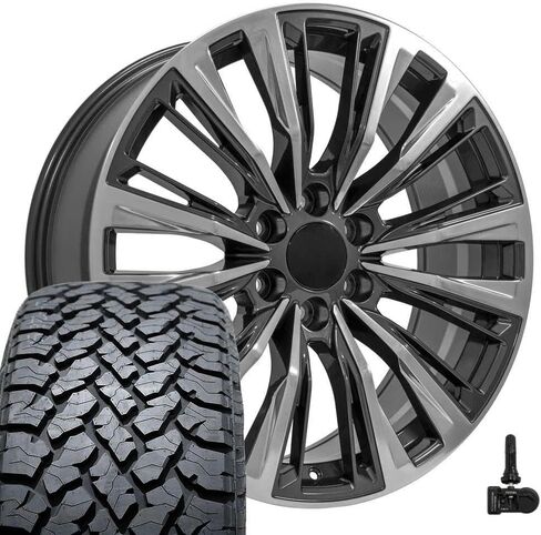 OE Wheels CA93 22 Inch Rims and Tires Fit Escalade-V Series Style 6x139.7 22x9 Gloss Gunmetal with Polished Face - Hollander 4869 - TS-37 AT 285/45-22 (Set of 4) in Saudi Arabia