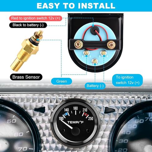 مقياس درجة حرارة الماء 2 بوصة 52 مم، 100-250 درجة فهرنهايت، مجموعة أدوات قياس درجة حرارة الماء، ملحقات السيارة، مقياس درجة حرارة الماء مع إضاءة خلفية LED للقوارب البحرية، السفينة، السيارة، الشاحنة، السيارة (اللون: أسود) in Kuwait