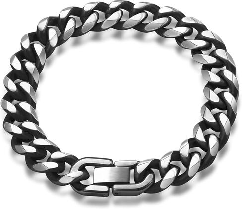 Ahiller Men's Stainless Steel Cuban Link Bracelet-7.5/8.3/9 Inch Hip Hop Bracelet,Black&Silver Gift for Boyfriend Husband Dad in Saudi Arabia