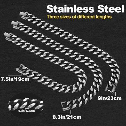 Ahiller Men's Stainless Steel Cuban Link Bracelet-7.5/8.3/9 Inch Hip Hop Bracelet,Black&Silver Gift for Boyfriend Husband Dad in Saudi Arabia
