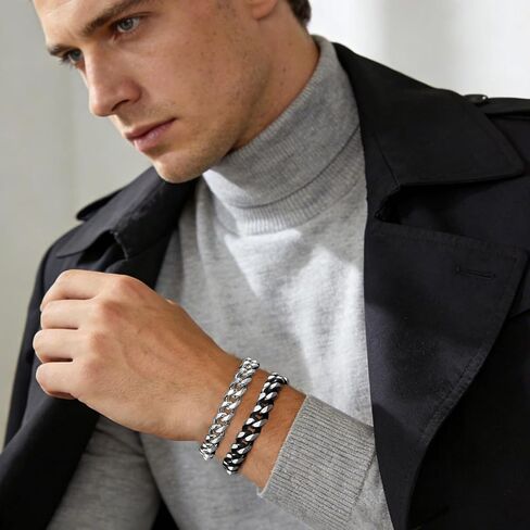 Ahiller Men's Stainless Steel Cuban Link Bracelet-7.5/8.3/9 Inch Hip Hop Bracelet,Black&Silver Gift for Boyfriend Husband Dad in Saudi Arabia