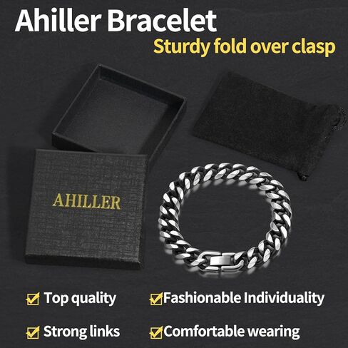 Ahiller Men's Stainless Steel Cuban Link Bracelet-7.5/8.3/9 Inch Hip Hop Bracelet,Black&Silver Gift for Boyfriend Husband Dad in Saudi Arabia
