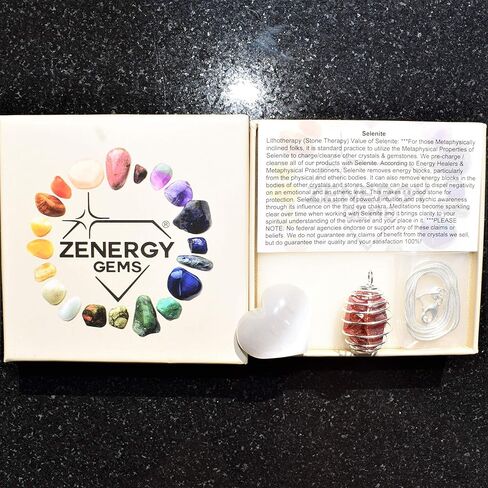 Zenergy Gems Charged Natural Moroccan Vanadinite Specimen Crystal Pendant + 20" Silver Plated Chain + Selenite Charging Heart [Included] in Saudi Arabia