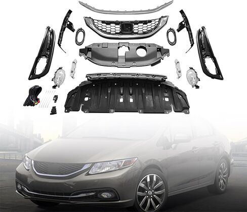 Front Bumper Grille Kit W/Fog Lamps & Bracket Compatible with 2013 2014 2015 Hon-da Civic Sedan Bumper Set, Don't Fit Hybird in Kuwait