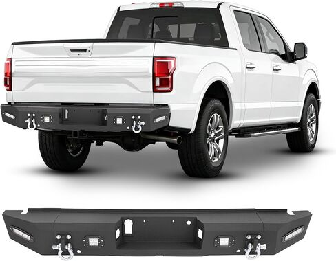 Rear Step Bumper Compatible with 2015-2020 Ford F-150 W/2 X D-rings, 4 X LED Lights, Sensor Holes, License Plate Bracket Steel Powder Coated Black in Saudi Arabia