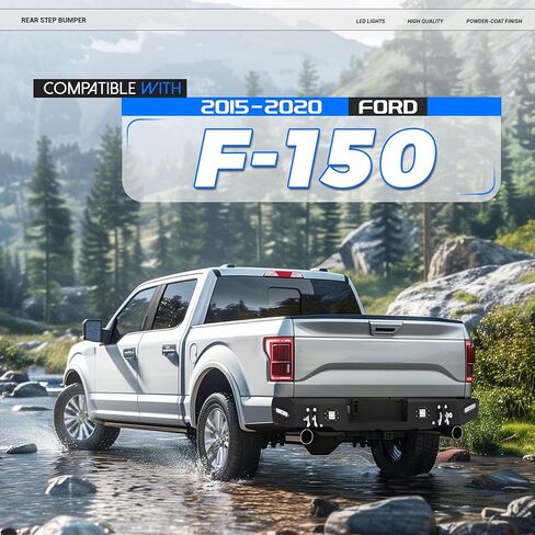 Rear Step Bumper Compatible with 2015-2020 Ford F-150 W/2 X D-rings, 4 X LED Lights, Sensor Holes, License Plate Bracket Steel Powder Coated Black in Saudi Arabia