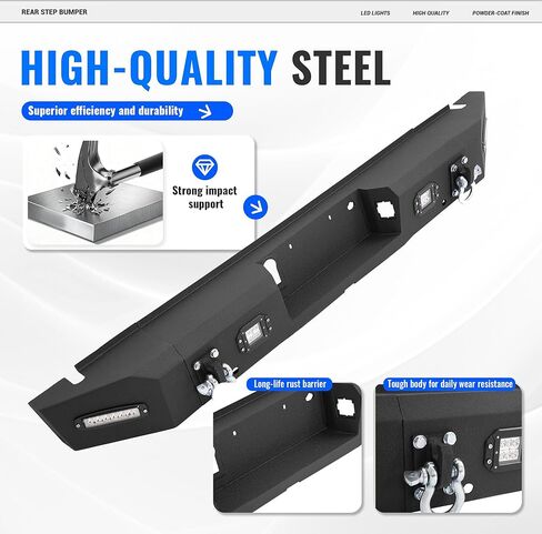 Rear Step Bumper Compatible with 2015-2020 Ford F-150 W/2 X D-rings, 4 X LED Lights, Sensor Holes, License Plate Bracket Steel Powder Coated Black in Saudi Arabia