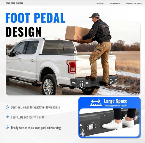 Rear Step Bumper Compatible with 2015-2020 Ford F-150 W/2 X D-rings, 4 X LED Lights, Sensor Holes, License Plate Bracket Steel Powder Coated Black in Saudi Arabia