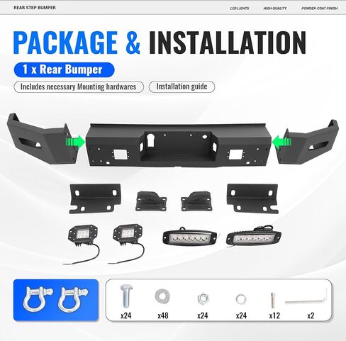 Rear Step Bumper Compatible with 2015-2020 Ford F-150 W/2 X D-rings, 4 X LED Lights, Sensor Holes, License Plate Bracket Steel Powder Coated Black in Saudi Arabia