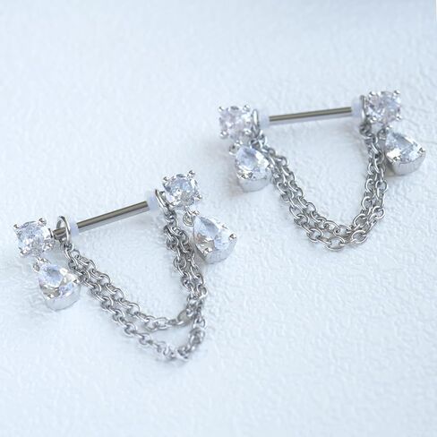 Dangle Chain Nipple Piercing Jewelry, CZ Gemstone Nipple Rings Surgical Steel for Women and Men, Silver Nipple Shields Barbell Rings, 14 Gauge A Pair in Saudi Arabia