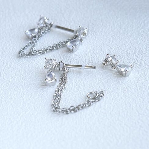 Dangle Chain Nipple Piercing Jewelry, CZ Gemstone Nipple Rings Surgical Steel for Women and Men, Silver Nipple Shields Barbell Rings, 14 Gauge A Pair in Saudi Arabia
