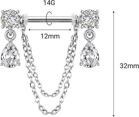Dangle Chain Nipple Piercing Jewelry, CZ Gemstone Nipple Rings Surgical Steel for Women and Men, Silver Nipple Shields Barbell Rings, 14 Gauge A Pair in Saudi Arabia