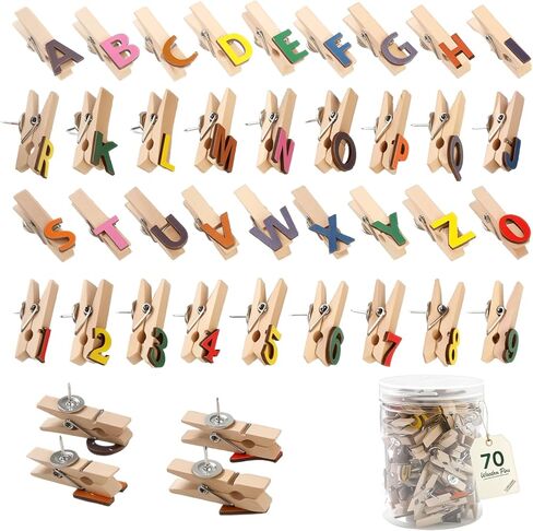 70 Pcs Alphabet & Number Push Pins with Wooden Clips – Colorful Letter A-Z & 1-9 Thumb Tacks for Cork Board, Bulletin Board, Classroom Decor, Office Supplies in Saudi Arabia