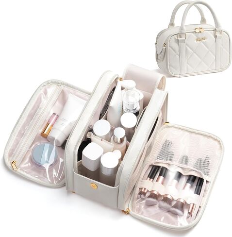 حقيبة مكياج للسفر من باجيستيلار، حقيبة أدوات الزينة مبطنة ذات سعة كبيرة للنساء، حقيبة مستحضرات التجميل مفتوحة على مصراعيها، حقيبة منظمة للمكياج، حقيبة محمولة مع مقبض وحامل فرشاة لإكسسوارات السفر، أبيض عاجي in Kuwait