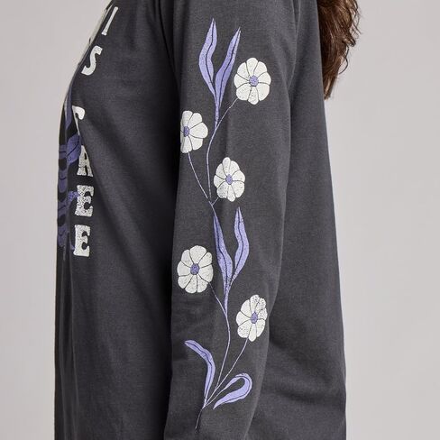 Life is Good Women's Kindness is Free Woodblock Flower Long Sleeve Crusher Tee, Faded Black in Saudi Arabia