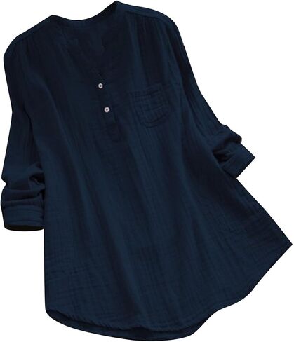Tops for Women Trendy Button Down V Neck 3/4 Sleeve Shirts Casual Tuinc Cotton Linen Gauze Blouses Loose Fit Clothes in Saudi Arabia