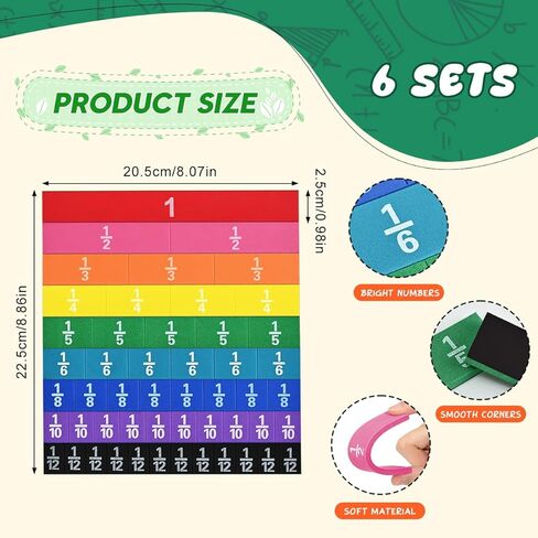 6 Sets Magnetic Fraction Tiles for Classroom EVA Foam Manipulatives CCSS, STEM, ASTM Rainbow Fraction Tiles Math Learning Manipulatives Set Fraction Bars for Preschool Elementary School in Saudi Arabia