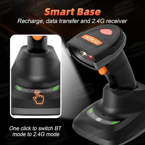 ماسح باركود لاسلكي، 2D 1D ماسح ضوئي بلوتوث محمول قارئ باركود للكمبيوتر اللوحي iPhone iPad Android iOS PC POS مع قاعدة شحن in Kuwait