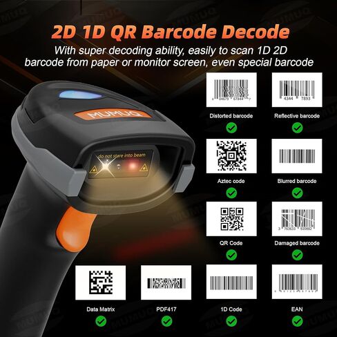 ماسح باركود لاسلكي، 2D 1D ماسح ضوئي بلوتوث محمول قارئ باركود للكمبيوتر اللوحي iPhone iPad Android iOS PC POS مع قاعدة شحن in Kuwait