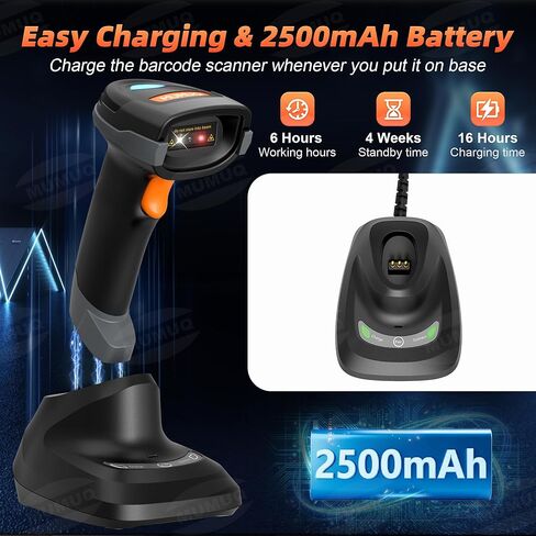 ماسح باركود لاسلكي، 2D 1D ماسح ضوئي بلوتوث محمول قارئ باركود للكمبيوتر اللوحي iPhone iPad Android iOS PC POS مع قاعدة شحن in Kuwait