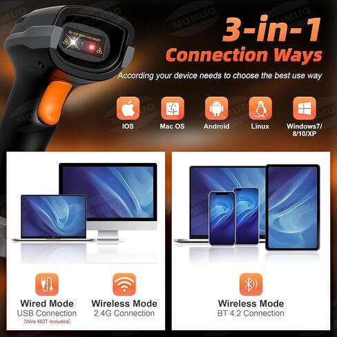 ماسح باركود لاسلكي، 2D 1D ماسح ضوئي بلوتوث محمول قارئ باركود للكمبيوتر اللوحي iPhone iPad Android iOS PC POS مع قاعدة شحن in Kuwait
