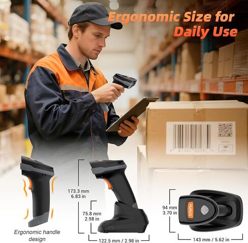 ماسح باركود لاسلكي، 2D 1D ماسح ضوئي بلوتوث محمول قارئ باركود للكمبيوتر اللوحي iPhone iPad Android iOS PC POS مع قاعدة شحن in Kuwait