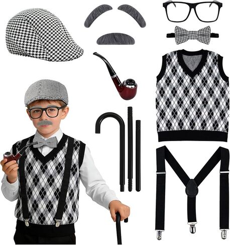 Old Man Costume for Kids 8Pcs Boys 100 Days of School Costume Set Halloween Cosplay Grandpa Dress Up in Saudi Arabia