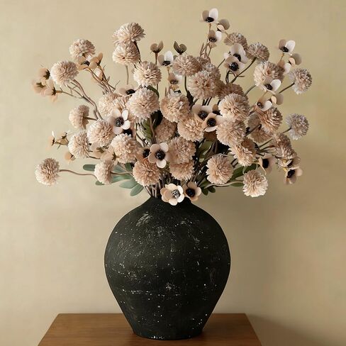 12 Pcs Fake Flowers Beige Artificial Mums Faux Pompon Kiku Mums Artificial Flowers with Long Stems Floral Arrangement, Silk Dried Flowers Home Decor Fall Decorations For Home Vase Filler(No Vase) in Kuwait