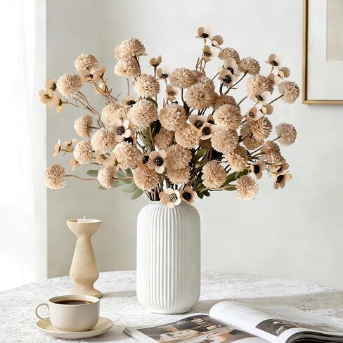 12 Pcs Fake Flowers Beige Artificial Mums Faux Pompon Kiku Mums Artificial Flowers with Long Stems Floral Arrangement, Silk Dried Flowers Home Decor Fall Decorations For Home Vase Filler(No Vase) in Kuwait