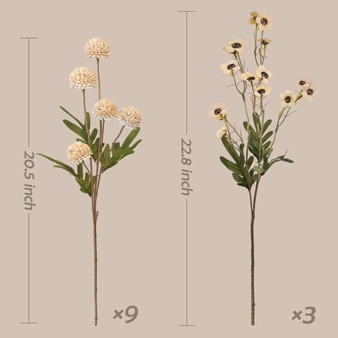 12 Pcs Fake Flowers Beige Artificial Mums Faux Pompon Kiku Mums Artificial Flowers with Long Stems Floral Arrangement, Silk Dried Flowers Home Decor Fall Decorations For Home Vase Filler(No Vase) in Kuwait