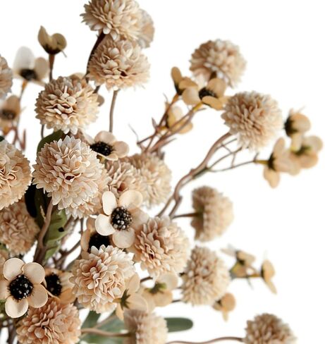 12 Pcs Fake Flowers Beige Artificial Mums Faux Pompon Kiku Mums Artificial Flowers with Long Stems Floral Arrangement, Silk Dried Flowers Home Decor Fall Decorations For Home Vase Filler(No Vase) in Kuwait