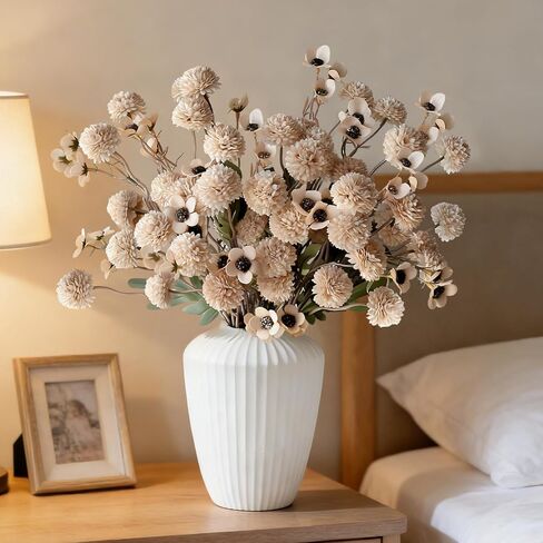12 Pcs Fake Flowers Beige Artificial Mums Faux Pompon Kiku Mums Artificial Flowers with Long Stems Floral Arrangement, Silk Dried Flowers Home Decor Fall Decorations For Home Vase Filler(No Vase) in Kuwait