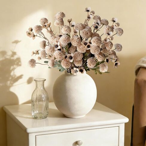 12 Pcs Fake Flowers Beige Artificial Mums Faux Pompon Kiku Mums Artificial Flowers with Long Stems Floral Arrangement, Silk Dried Flowers Home Decor Fall Decorations For Home Vase Filler(No Vase) in Kuwait