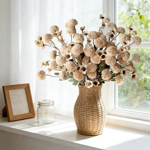 12 Pcs Fake Flowers Beige Artificial Mums Faux Pompon Kiku Mums Artificial Flowers with Long Stems Floral Arrangement, Silk Dried Flowers Home Decor Fall Decorations For Home Vase Filler(No Vase) in Kuwait