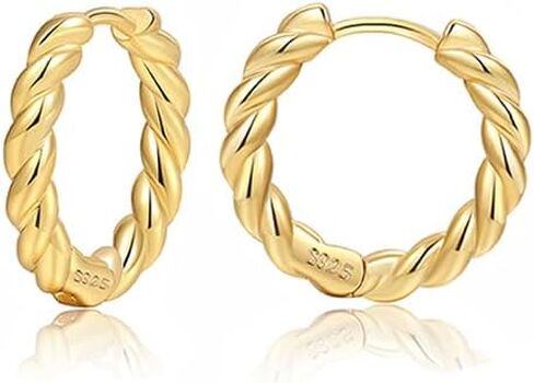 Women's Exquisite 925 Sterling Silver Twisted Ring Hoop Earrings | 14K Gold Plated Mini Hypoallergenic Earring | Fashion Jewelry Accessory For Women's Daily Or Party Wear, Gift For Friends And Family in Saudi Arabia