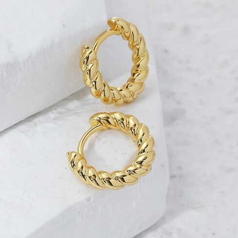 Women's Exquisite 925 Sterling Silver Twisted Ring Hoop Earrings | 14K Gold Plated Mini Hypoallergenic Earring | Fashion Jewelry Accessory For Women's Daily Or Party Wear, Gift For Friends And Family in Saudi Arabia