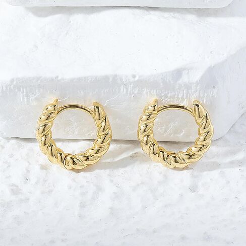 Women's Exquisite 925 Sterling Silver Twisted Ring Hoop Earrings | 14K Gold Plated Mini Hypoallergenic Earring | Fashion Jewelry Accessory For Women's Daily Or Party Wear, Gift For Friends And Family in Saudi Arabia