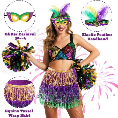 مجموعة إكسسوارات أزياء SUMERSHA مكونة من 3 قطع من Mardi Gras، تنورة ملفوفة بشرابة بالترتر للسيدات، عصابة رأس من الريش، قناع ترتر لحفلات الهالوين الكرنفالية in Saudi Arabia