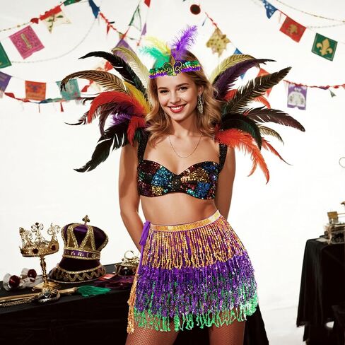 مجموعة إكسسوارات أزياء SUMERSHA مكونة من 3 قطع من Mardi Gras، تنورة ملفوفة بشرابة بالترتر للسيدات، عصابة رأس من الريش، قناع ترتر لحفلات الهالوين الكرنفالية in Saudi Arabia