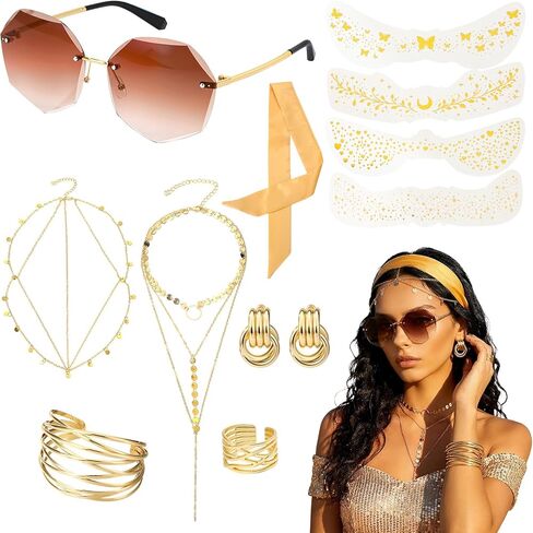 jatebi 11pcs 70s ديسكو الملحقات للنساء ديسكو زي مجموعه الملحقات لفائف سوار خواتم أقراط 70s النظارات الشمسية الطبقات قلادة الترتر رئيس سلسله الوجه ملصقات الوشم للحزب تاثيري in Saudi Arabia