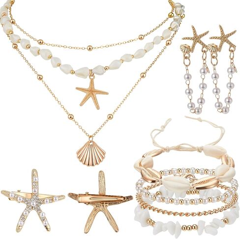 Tondiamo 11 Pcs Mermaid Costume Jewelry Set, Mermaid Accessories Women with Seashell Starfish Necklace Earrings Ankle Bracelet Hair Clips Set 14k Gold, Summer Beach Tropical Vacation Outfits in Saudi Arabia