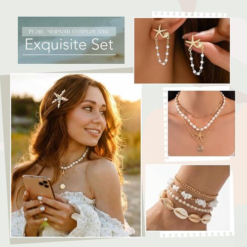 Tondiamo 11 Pcs Mermaid Costume Jewelry Set, Mermaid Accessories Women with Seashell Starfish Necklace Earrings Ankle Bracelet Hair Clips Set 14k Gold, Summer Beach Tropical Vacation Outfits in Saudi Arabia