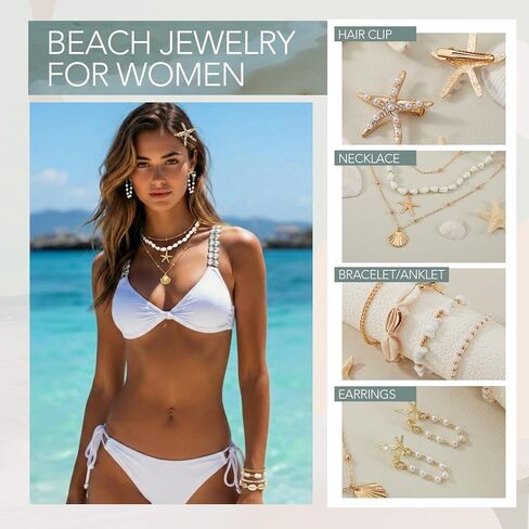 Tondiamo 11 Pcs Mermaid Costume Jewelry Set, Mermaid Accessories Women with Seashell Starfish Necklace Earrings Ankle Bracelet Hair Clips Set 14k Gold, Summer Beach Tropical Vacation Outfits in Saudi Arabia