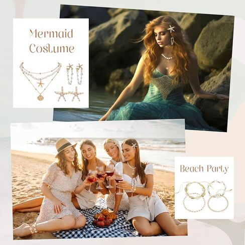 Tondiamo 11 Pcs Mermaid Costume Jewelry Set, Mermaid Accessories Women with Seashell Starfish Necklace Earrings Ankle Bracelet Hair Clips Set 14k Gold, Summer Beach Tropical Vacation Outfits in Saudi Arabia