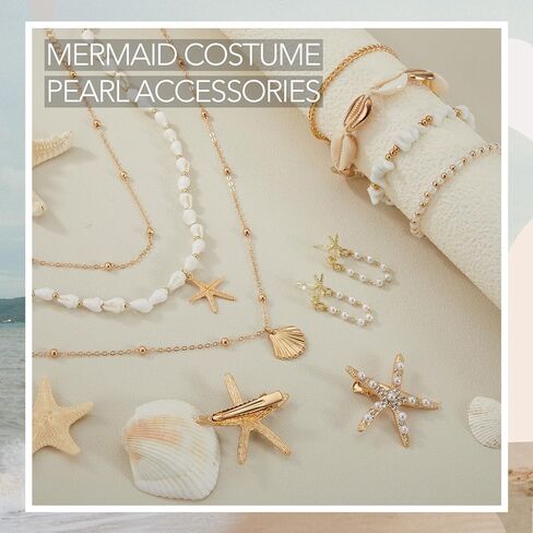 Tondiamo 11 Pcs Mermaid Costume Jewelry Set, Mermaid Accessories Women with Seashell Starfish Necklace Earrings Ankle Bracelet Hair Clips Set 14k Gold, Summer Beach Tropical Vacation Outfits in Saudi Arabia